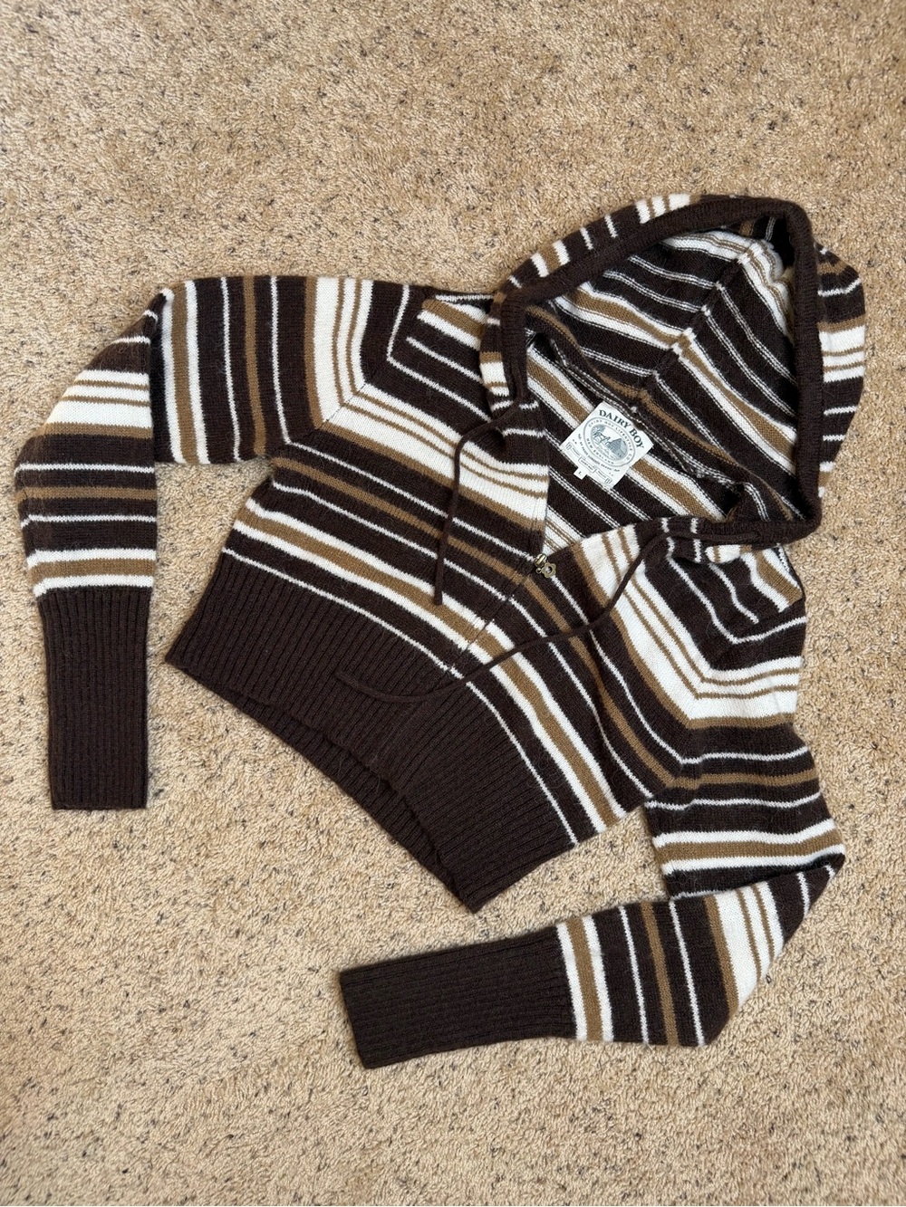Striped Hooded Cropped Sweater in Brown, Cream & Tan